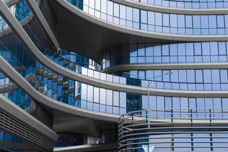 stylish office building, blue glass and aluminum.